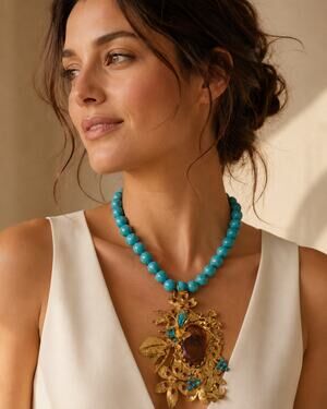 Bold Turquoise Beaded Statement Necklace with Ornate Gold Floral Pendant